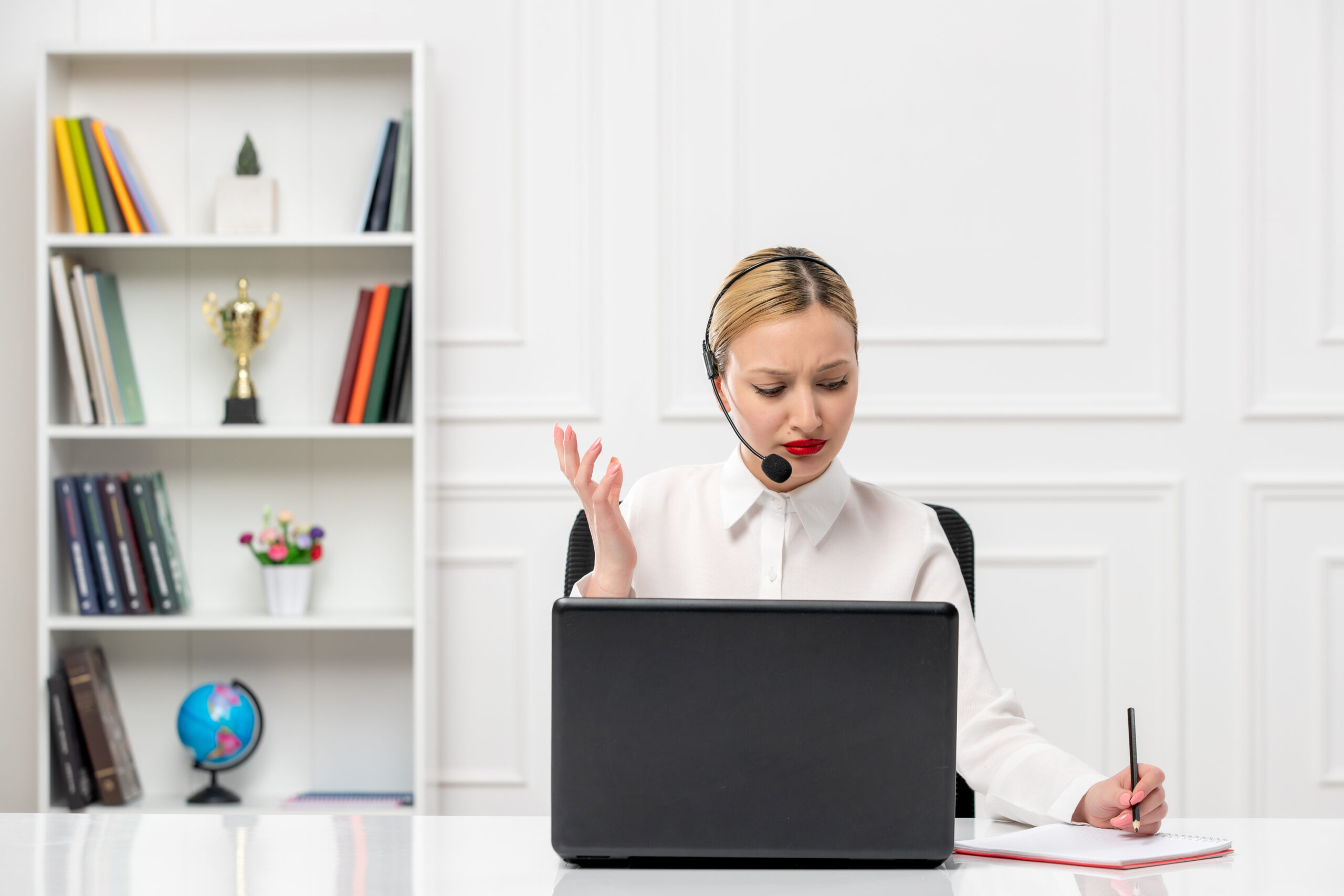 customer-service-cute-woman-white-shirt-with-headset-computer-taking-down-notes-confused